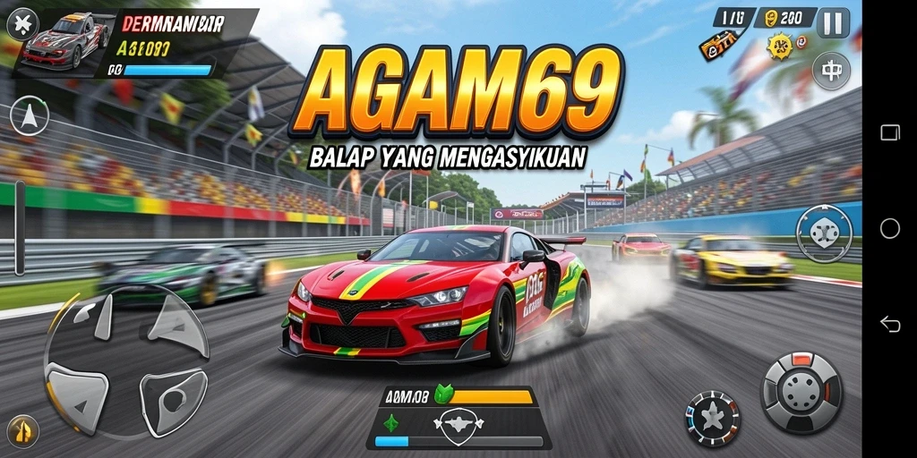Tampilan gameplay AGAM69 dengan mobil balap yang melaju kencang.