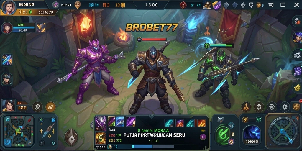 Screenshot utama BROBET77 menampilkan pertarungan epik antar tim di arena MOBA.