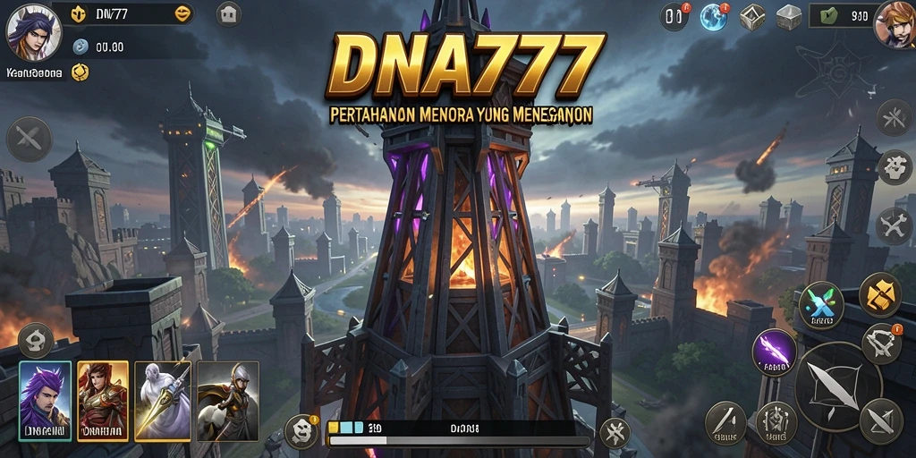 Screenshot gameplay menampilkan menara melawan gelombang musuh.