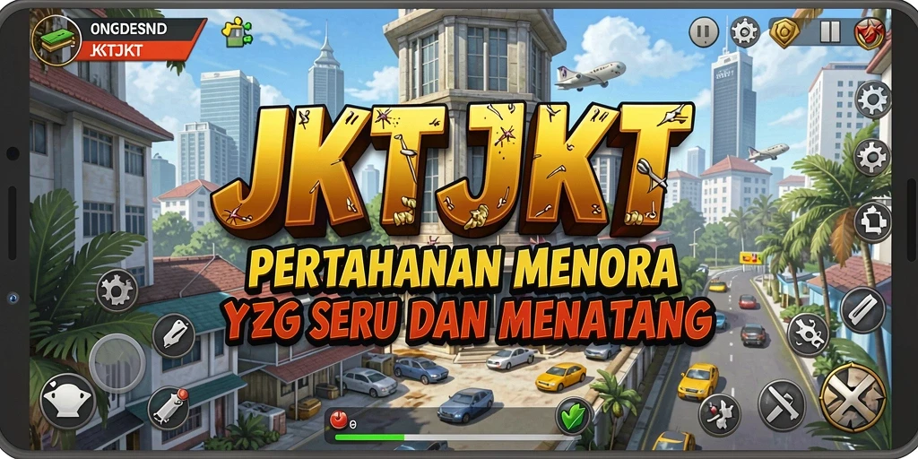 Screenshot gameplay menampilkan menara yang sedang menyerang musuh.