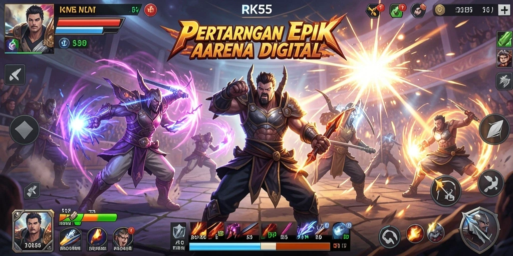 Tampak gameplay mendebarkan di RK55 dengan karakter bertarung di arena.