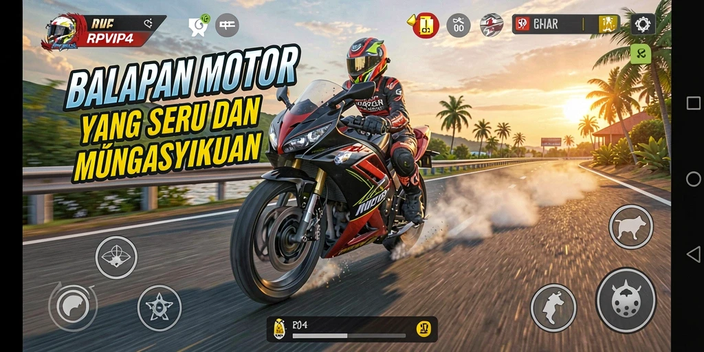 Tangkapan layar RPVIP4 menampilkan aksi balapan motor yang mendebarkan.