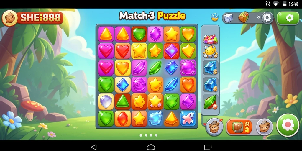 Tangkapan layar gameplay Match-3 dari SHE888 yang penuh warna.