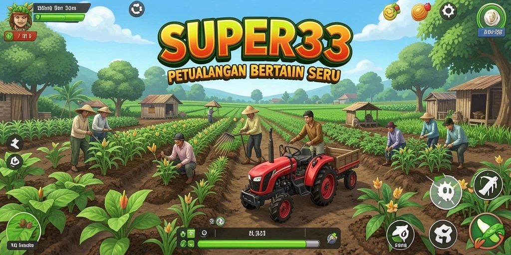 Screenshot gameplay <strong>SUPER33</strong> menampilkan pertanian yang subur dan interaksi hewan.