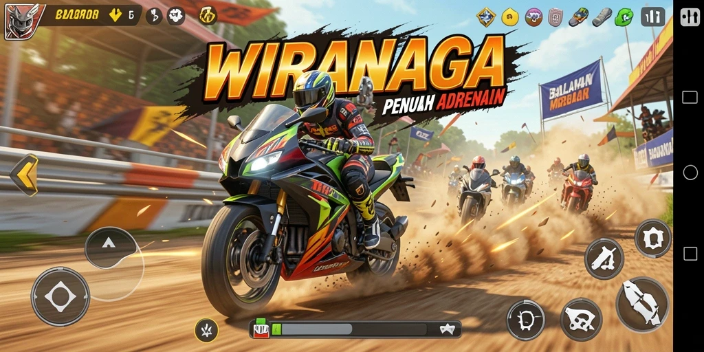 Tampilan gameplay seru dalam balapan motor WIRANAGA dengan aksi mendebarkan.