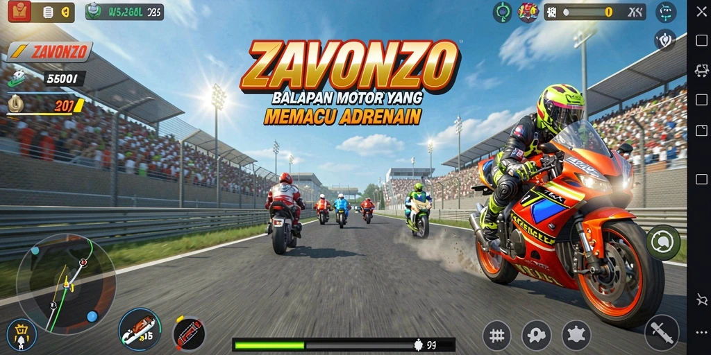 Gameplay seru ZAVONZO dengan balapan motor yang menegangkan.